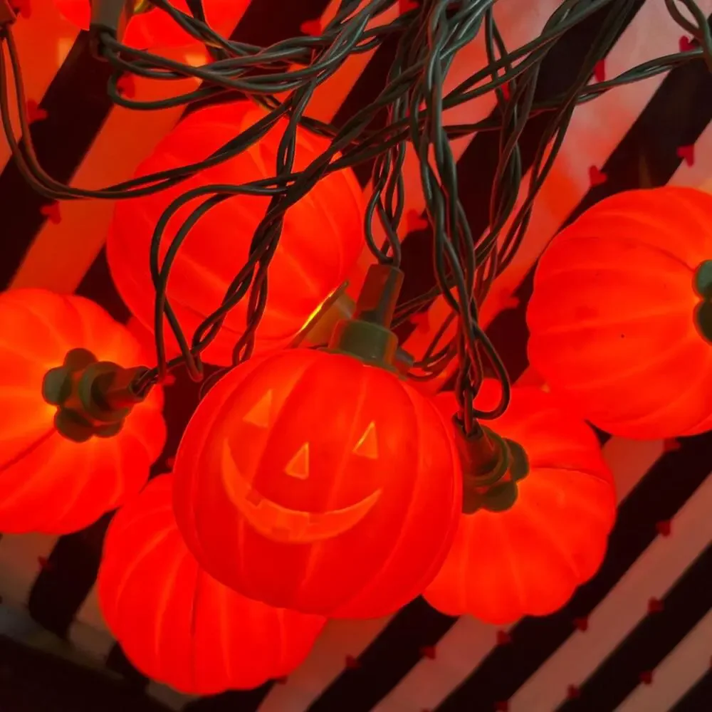 VTG Pumpkin String Lights HALLOWEEN Blow mold style Vintage Happy Face Orange